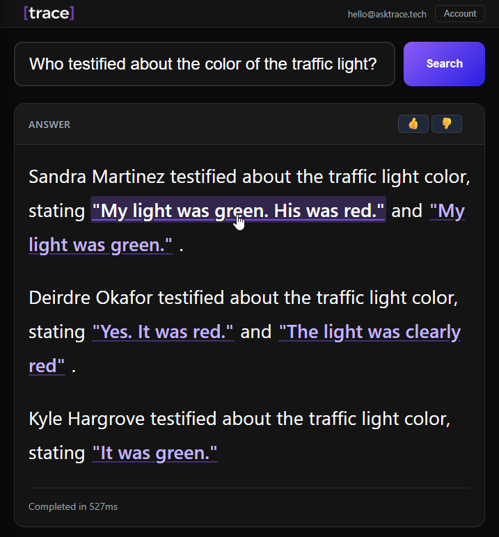Trace search interface showing deposition testimony results with page and line citations